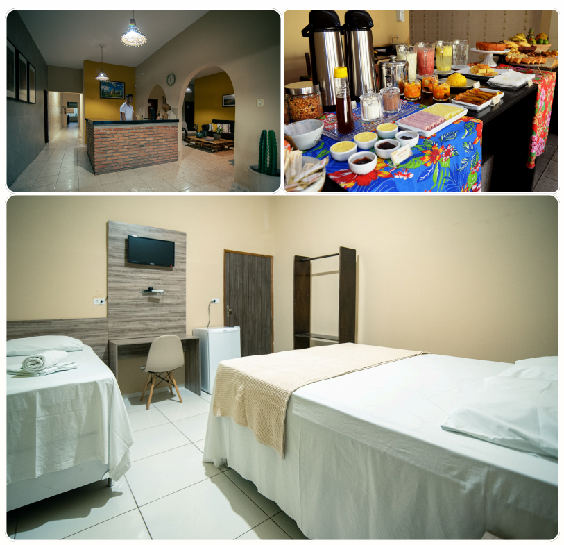 Recepção, café da manhã e quarto da Pousada Zabelê