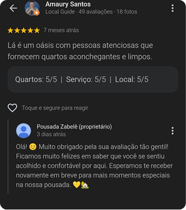 Avaliação 5 estrelas de Amaury Santos: um oásis com pessoas atenciosas que fornecem quartos aconchegantes e limpos