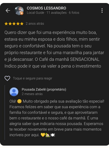 Avaliação 5 estrelas de Cosmos Lessandro: experiência muito boa, me senti seguro e confortável, café da manhã sensacional
