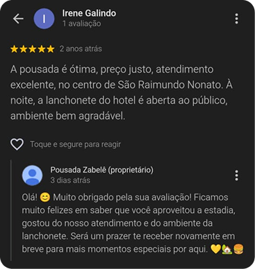 Avaliação 5 estrelas de Irene Galindo: pousada ótima, preço justo, atendimento excelente, no centro de São Raimundo Nonato