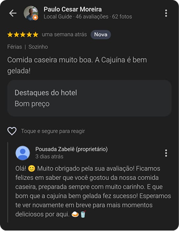 Avaliação 5 estrelas de Paulo Cesar Moreira: comida caseira muito boa, a cajuína é bem gelada