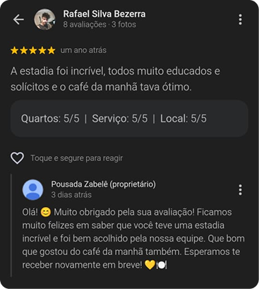 Avaliação 5 estrelas de Rafael Silva Bezerra: a estadia foi incrível, todos muito educados e solícitos e o café da manhã tava ótimo