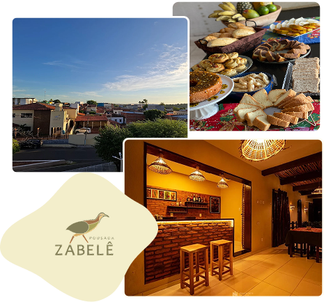 Vista da cidade, café da manhã e bar da Pousada Zabelê
