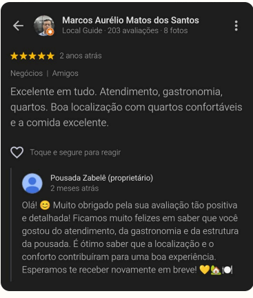 Avaliação 5 estrelas de Marcos Aurélio: excelente em tudo, atendimento, gastronomia, quartos, boa localização